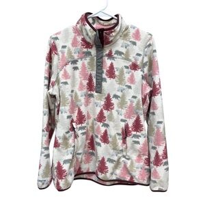 Orvis 1/4 Snap Fleece Cozy Tree Print Pullover Zippered Pockets